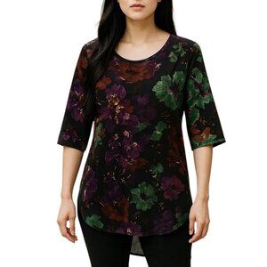 Kate & Mallory Hi Low Blouse Sz Small Floral Purple Rust Green Black Top Zipper